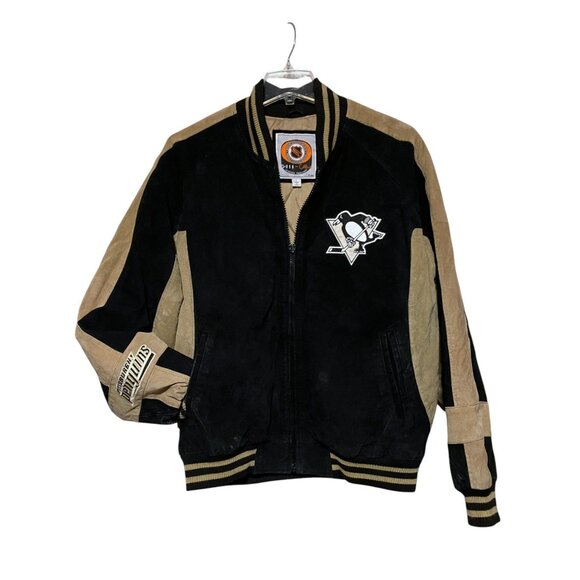 VTG Pittsburgh Penguins Suede Jacket L Bomber Letterman G-III Sports Carl Banks - Picture 2 of 16